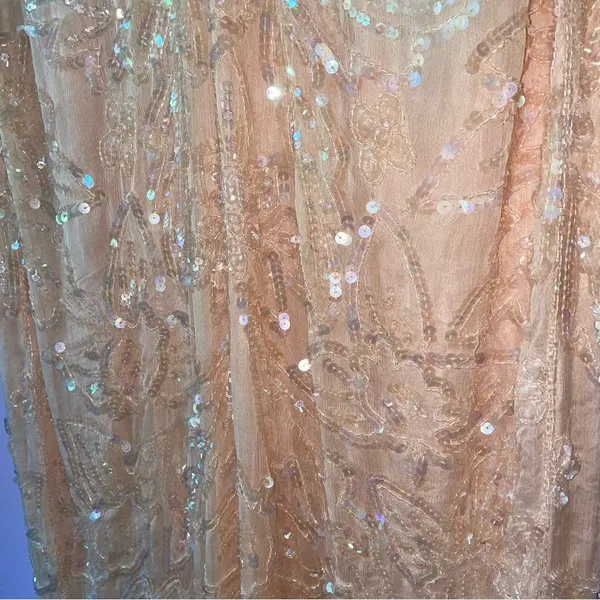Vintage Size M Pastel Peach Silk Sequin Ball Gown Formal Dress Modest Hoco Prom - Image 5