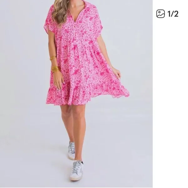 NEW KARLIE Floral Short Tier Dress pink nwot mini button up CASUAL Tuckernuck - Image 2