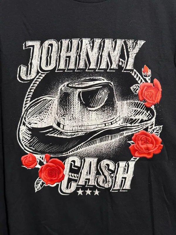 Johnny Cash Cowboy Hat and Roses Black Graphic T-Shirt - Image 2