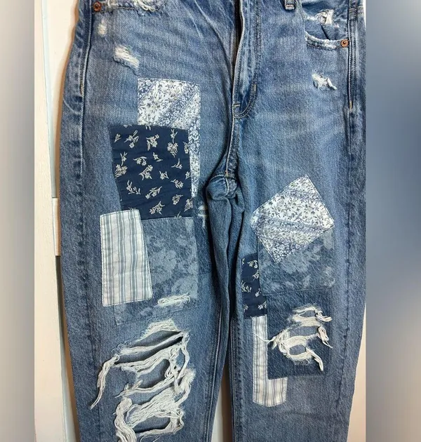 American Eagle Distressed Blue Patchwork Mom Straight Leg Jeans - Image 6
