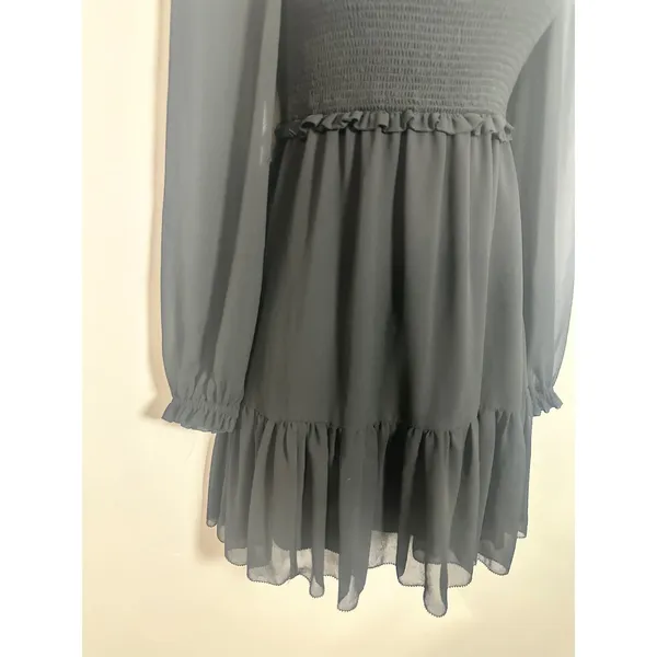 Aritzia Wilfred Black Tempest Chiffon Smocked Mini Dress Sheer Sleeve Size XS - Image 5