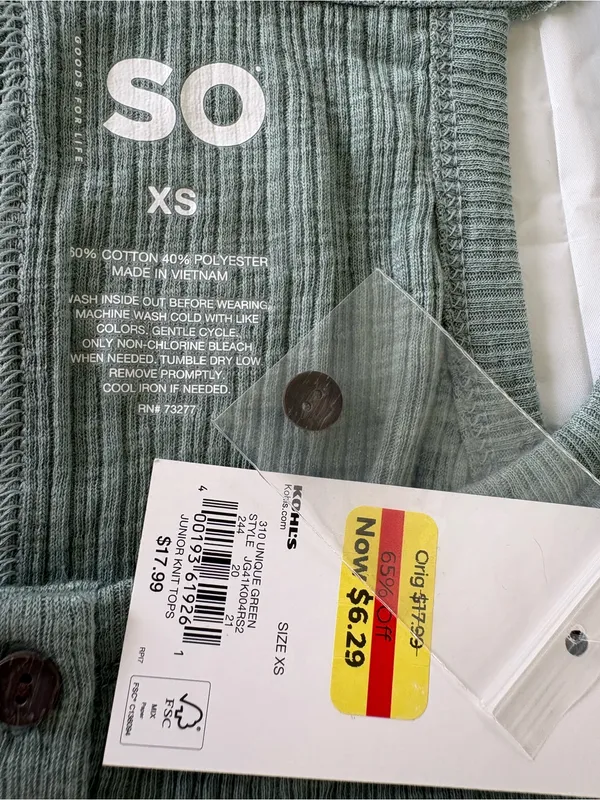 #007 SO Sage Green Ribbed Button Front Tank Top Size XS NWT - Image 5