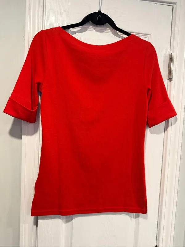 NWOT LRL Lauren Ralph Lauren Size S Red Boat Neck Cuffed Sleeve Top Cotton - Image 8