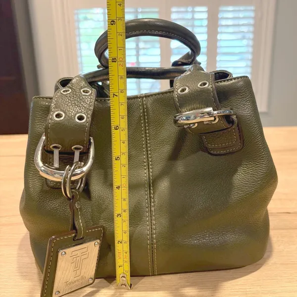 Tignanello Olive Green Pebbled‎ Leather Satchel Buckle Handbag Silver Hardware - Image 3
