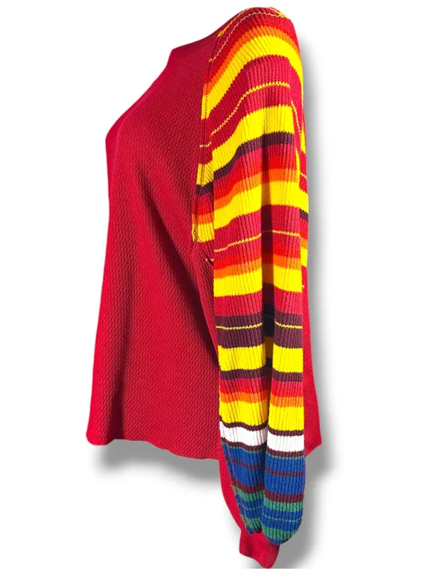 Free People We The Free Rainbow Dreams Pullover XS Red Combo Balloon Sleeve - Image 7