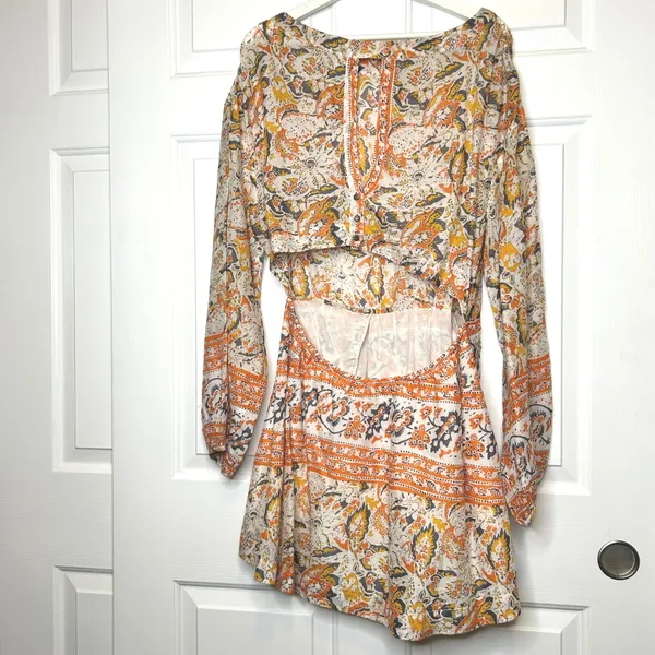Free People Sun Print Paisley Cutout‎ Mini Dress Orange Yellow Gray Size M - Image 6