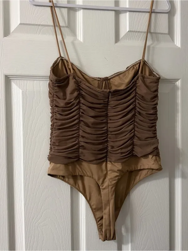 Lovers and Friends Brown Ruched Mesh Bustier Bodysuit Size L - Image 3