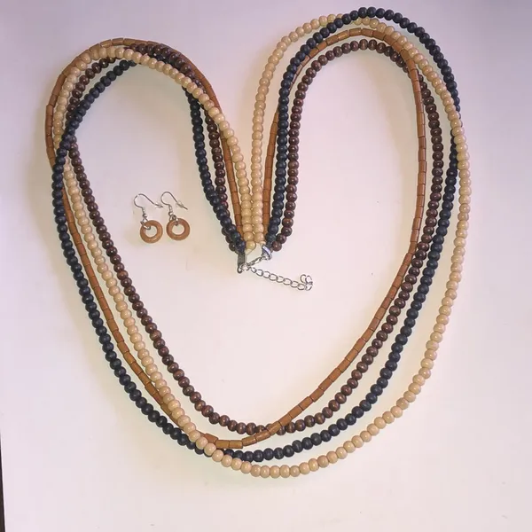 Multi-Strand Beaded Necklace and Hoop Earrings - Brown, Black, Cream - Image 2