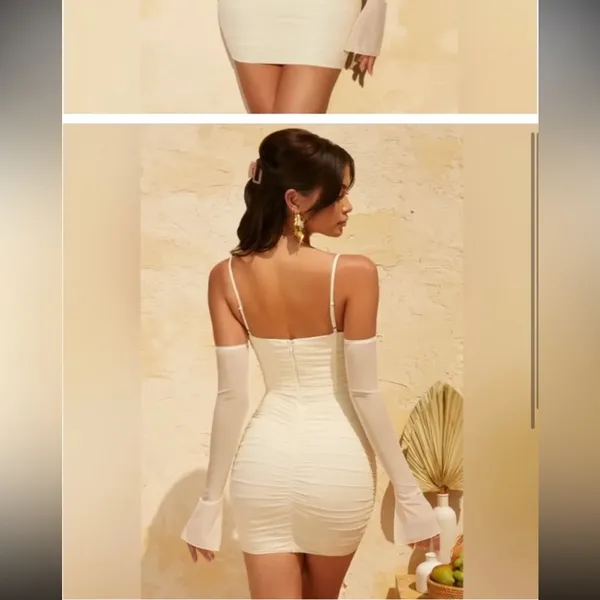 Oh Polly Dukine Ruched Mini Dress in Cream - Image 2