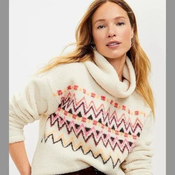 LOFT Fair Isle Mock Neck Sherpa S Top Pullover Turtleneck Sweater Teddy‎ NWT - Image 2