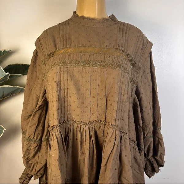 Anthropologie Pilcro Long Sleeve Mock Neck Dress Sz M Lace Loose Brown Swiss Dot - Image 2