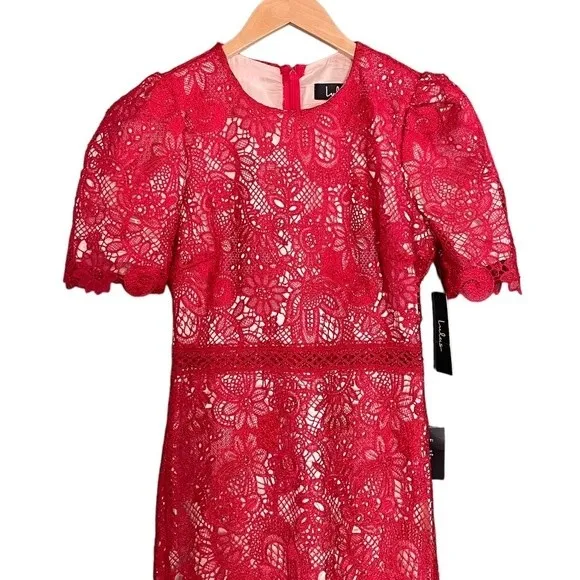 NWT Lulus Amore Dress Size XS Red Crochet Lace Midi Wedding Guest Cocktail Date - Image 6