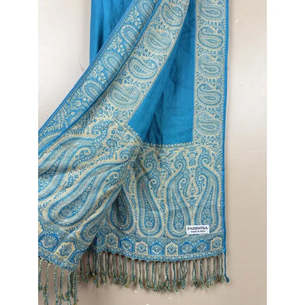 Pashmina Blue Paisley-Patterned Reversible Woven Wrap Fringed Shawl - Image 10