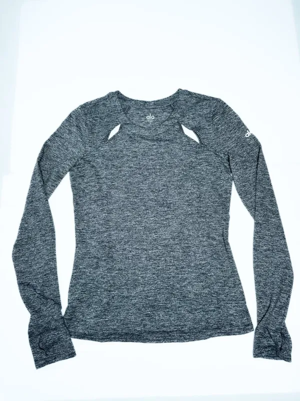 Alo Yoga Alloy Heather Mantra Long Sleeve Top Small Cutout Thumbholes Activewear - Image 2