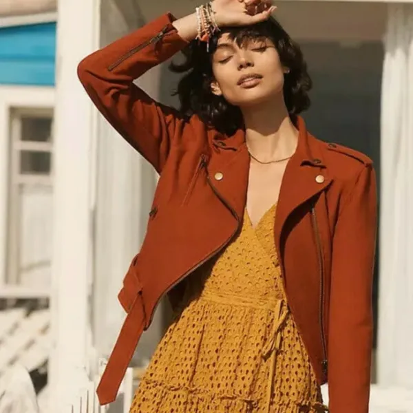FRYE x Anthropologie Cropped Vita Cotton Moto Jacket in Burnt Cedar‎ Size XS - Image 6