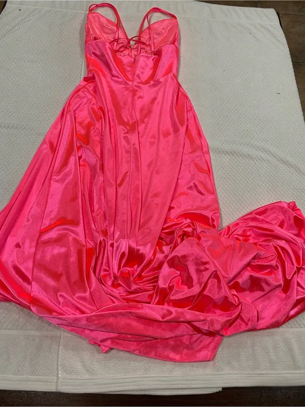 CINDERELLA DIVINE Satin V-Neck Spaghetti Strap Maxi Dress in Hot Pink - Image 8