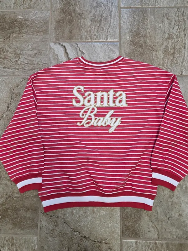 Simply Southern Santa Crew Varsity Sweatshirt Red Striped Santa Baby Size Medium - Image 3