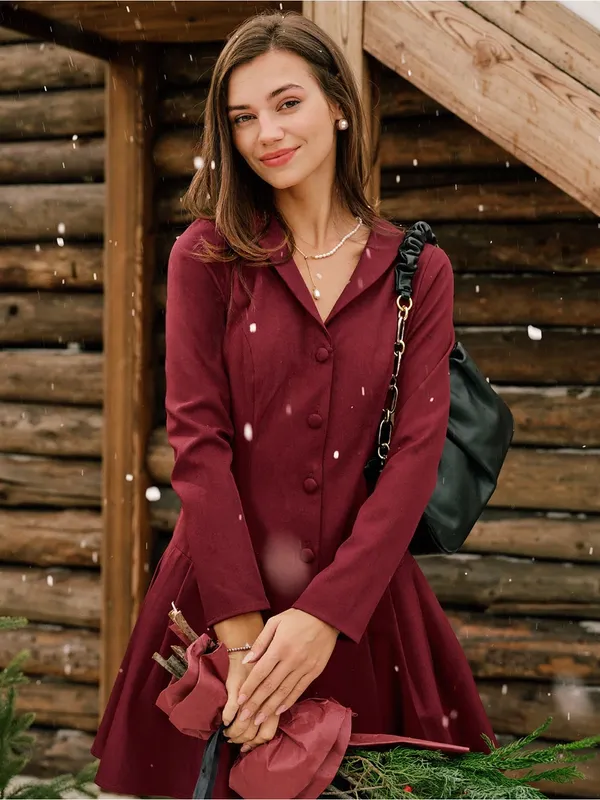 Rihoas Burgundy Button-Front Fit & Flare mini Dress - Image 4