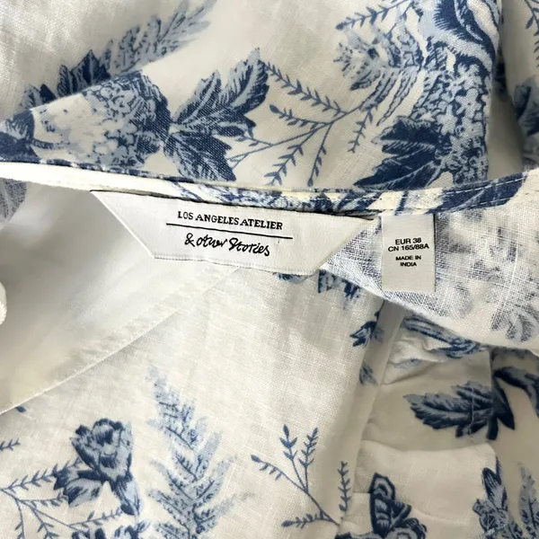 & Other Stories Midi Wrap Dress 100% Linen Blue White Floral Ruffle Puff Size 6 - Image 5