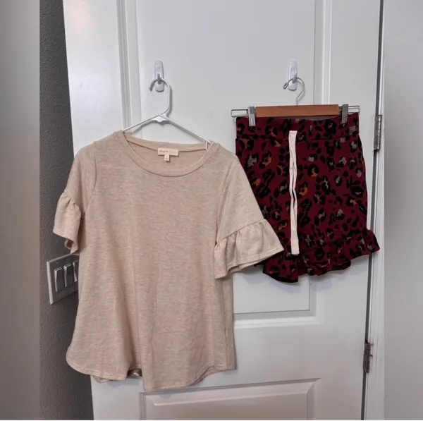 Perfect Peach Leopard Shorts with Oatmeal Top Set Multiple - Image 2