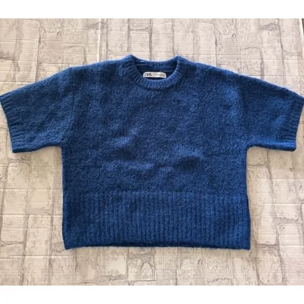 Zara Blue Short Sleeve Fuzzy Knit Alpaca Wool Blend Cropped Sweater Top Sz M - Image 5