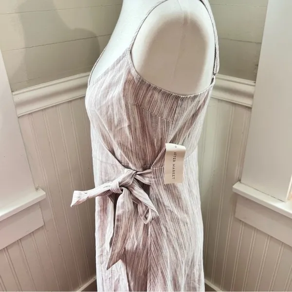 AFTER MARKET‎ Striped Wrap Midi Dress Beige Tan Spaghetti Strap Tie Waist - Image 4