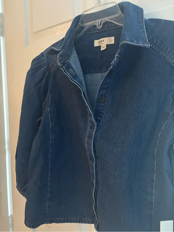 Oat New York Dark Blue Denim Puff-Sleeve Jacket, Size-Small - Image 5