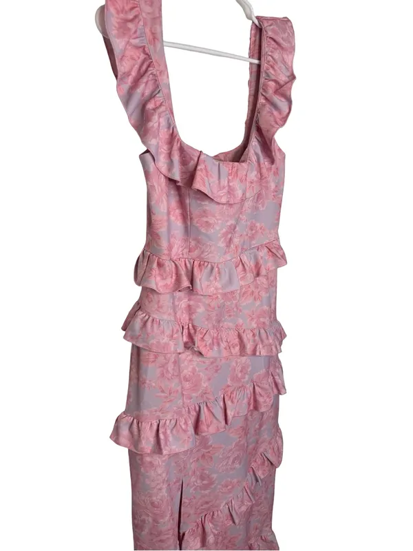 🌸 Show‎ Me Your Mumu Ruffle Floral Midi Dress Pink Blue Made in USA Size L 🌸 - Image 3