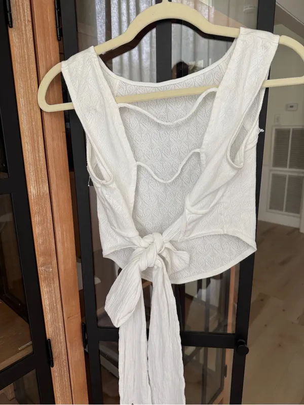 Free People pointelle tie bow open back top cap sleeve cotton - Image 9