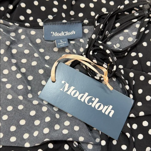 Modcloth Black Polka Dot It's a Go Tie Shoulder V Neck Ruffle Hem Midi Dress - Image 7