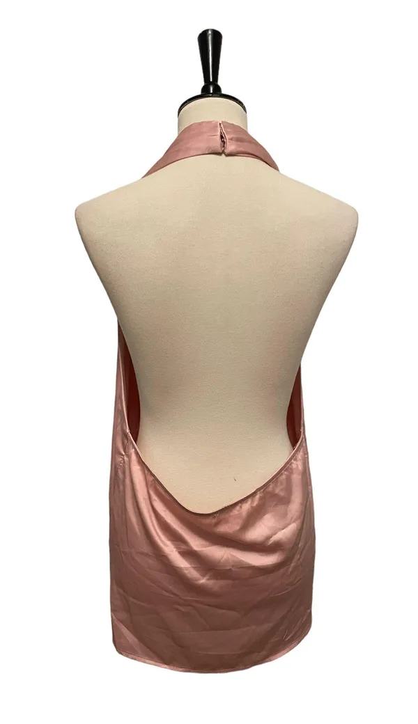Revolve Pink Satin Halter Open Back Top - Image 3