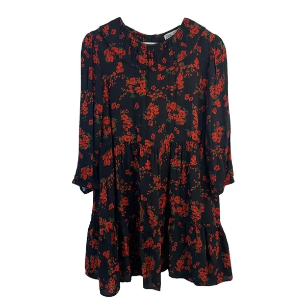 Zara Size M Dress Black Floral Print Babydoll Flowy 3/4 Sleeve Whimsygoth Grunge - Image 2