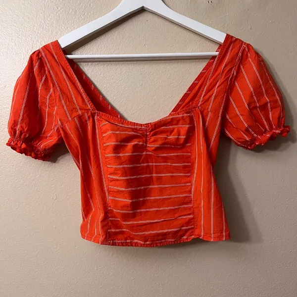 Free People Women's Orange Striped Puff Sleeve Crop Top Blouse Size XS - Image 7