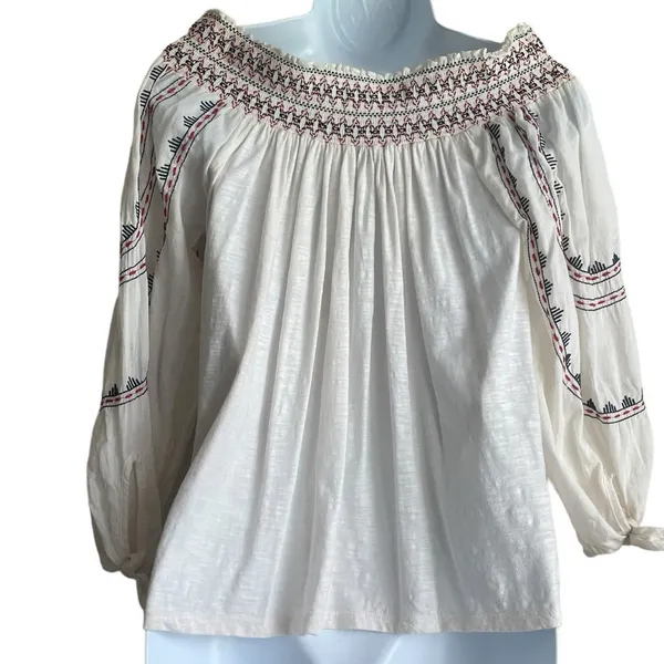Vintage America Blues Women Top S Ivory‎ 3/4 Sleeve Embroidered Boho Festival - Image 3