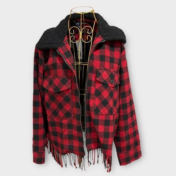 Chaps Red Black Plaid Fringe Jacket Sherpa Collar XL - Image 3