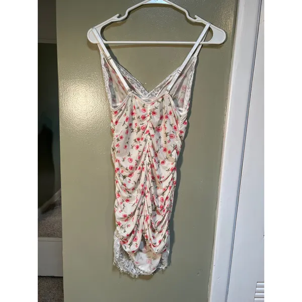 Women's Sz Medium Lace Edge Floral Print Slip Dress White Pink V-Neck Sheer Mini - Image 8