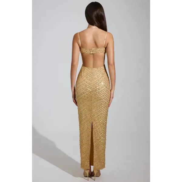 Oh Polly Constance Embellished Cowl-Neck Maxi Dress in Gold Size 0 New - Image 2