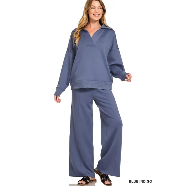 Zenana Scuba Collared‎ Pullover & Center Seam Pants Set - Blue Indigo - Medium - Image 2