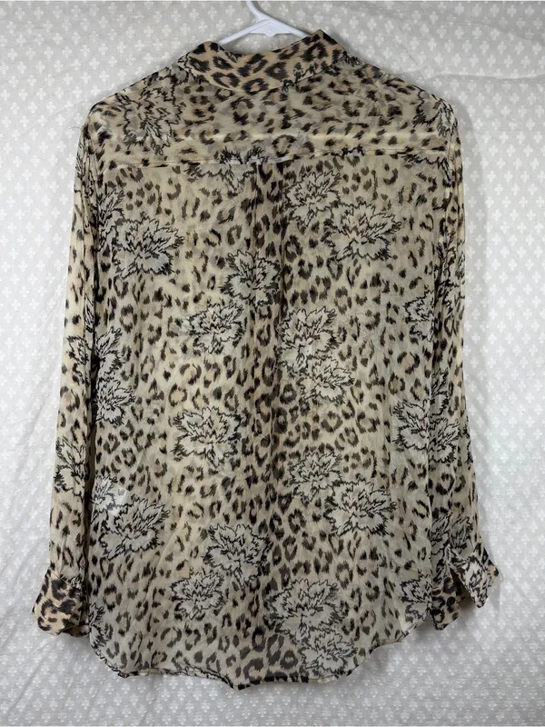 Equipment Tan Brown Leopard Print Sheer Silk Button Down‎ Top - Image 4