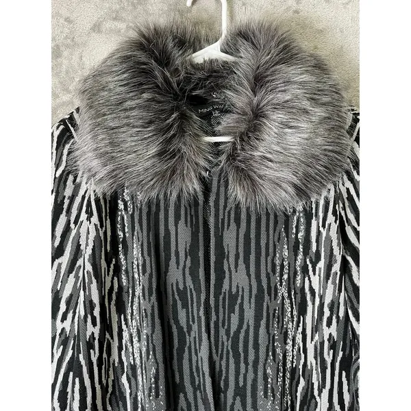 Ming Wang L Black Gray Animal Print Faux Fur Collar Statement Jacket Y2K Baddie - Image 2