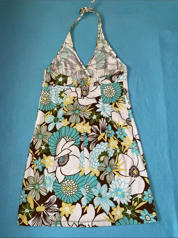F.L.P. Halter mini bold floral print sundress backless multi colored Y2K size 14 - Image 3