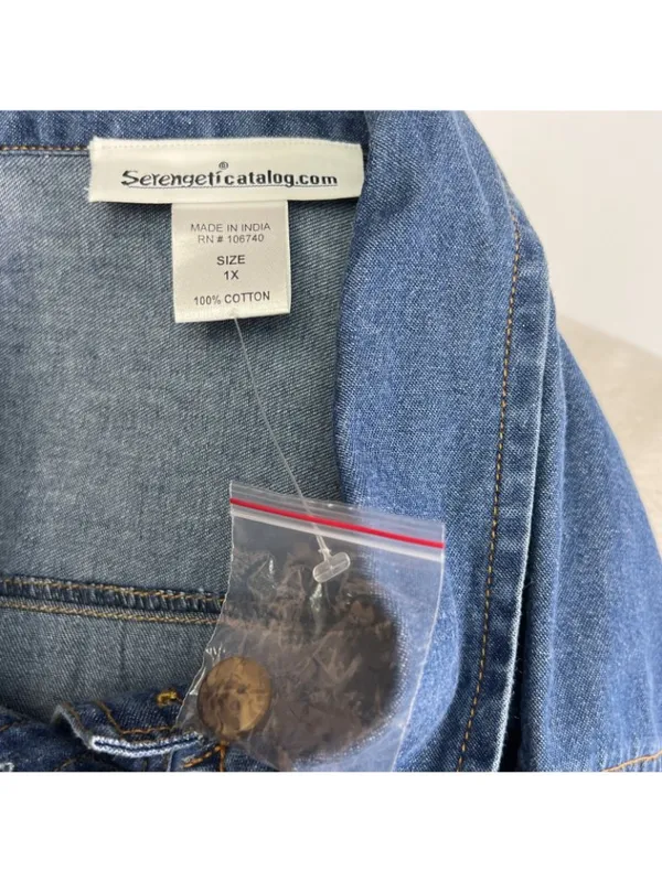 Vtg 90s Serengeti Catalog Sz 1X Blue Chambray Denim Top Button Front 3/4 Sleeves - Image 6