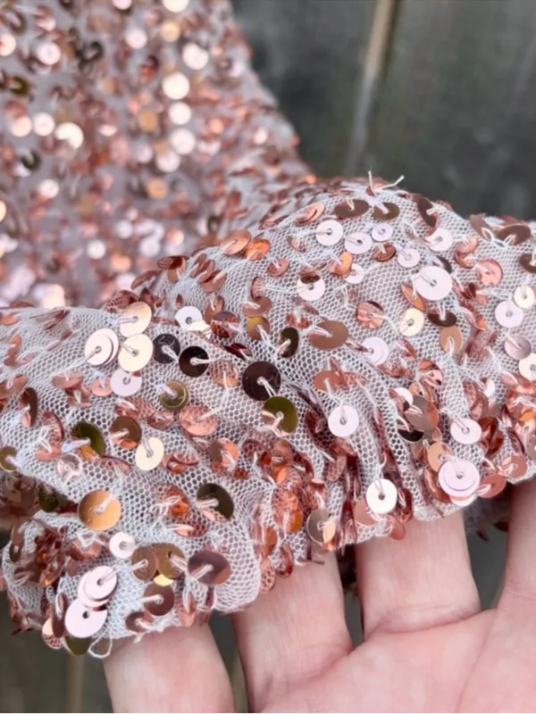 EUC Free People Dance All Night Sequined V Neck Puff SIv. Dress Rose Gold Small - Image 5