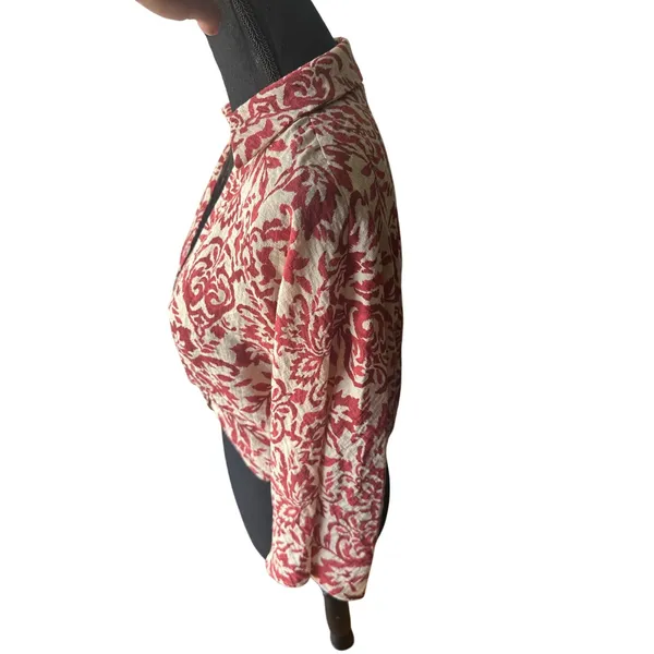 Zara Red White Damask Bolero Blouse S Twist Front Cropped Botanical Print - Image 4
