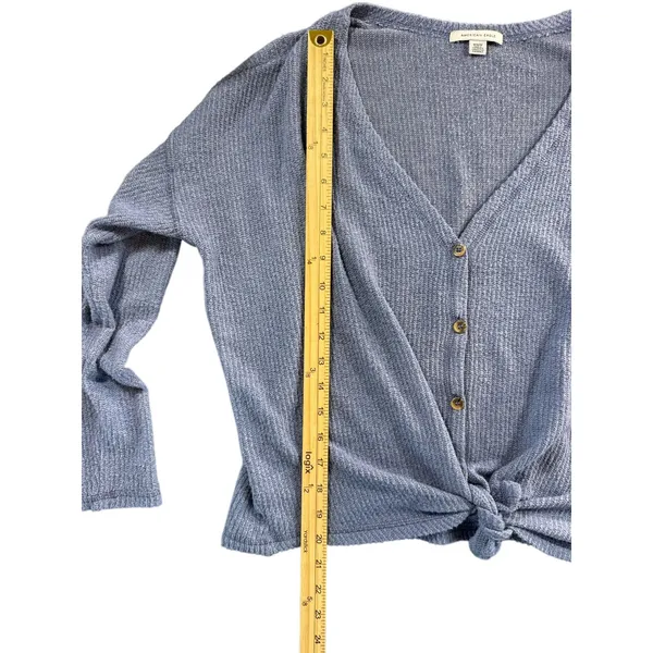 American Eagle Ribbed Knit Button Front Top Tie Front Twist Hem‎ Blue Medium - Image 3