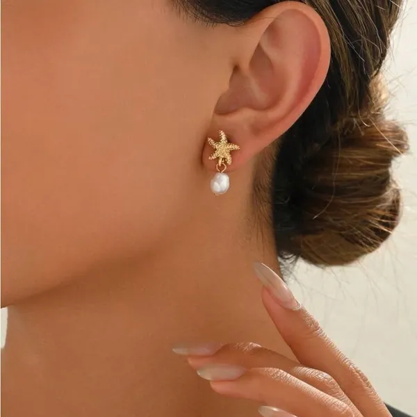 Gold Starfish Pearl Earrings - Image 4