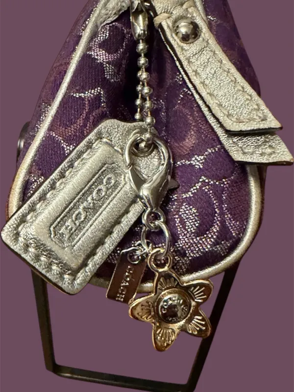 coach Purple Jacquard Cosmetic Case with Metallic Accents Coach charm added - Image 11