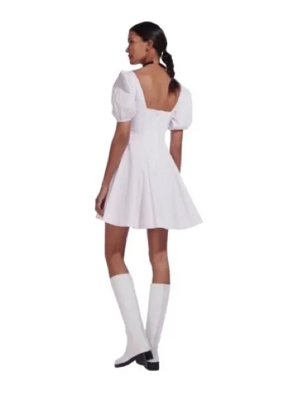 STAUD Laelia Mini Dress White Cotton Lined Puff Sleeves Size 8 - Image 2