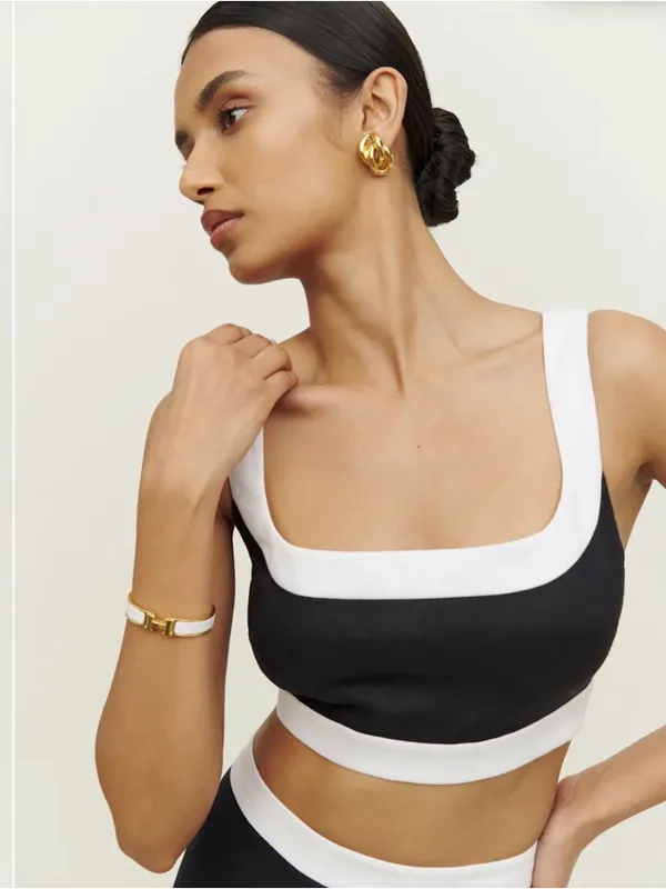 Reformation Robbie Linen Black and White Contrast Crop Top & Mini Skirt Set - Image 4