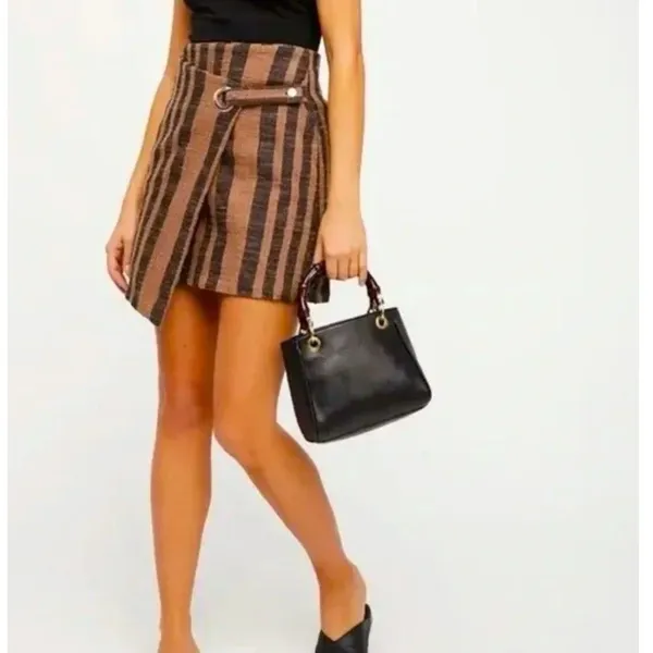 Free People Wrap Mini Skirt M Brown Stripe Asymmetrical Boho Cottage Festival - Image 2
